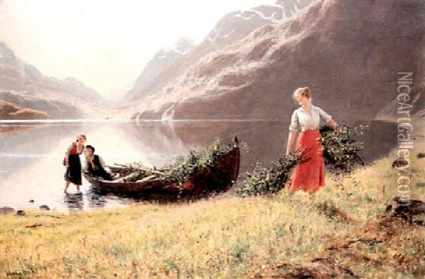 Norwegischer Fjord Mit Einem Boot Und Jungen Liebenden Oil Painting - Hans Dahl