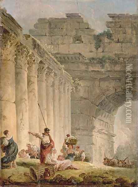 A capriccio of a classical colonnade and a triumphal arch with a soldier and washerwomen on a bank Oil Painting - Hubert Robert