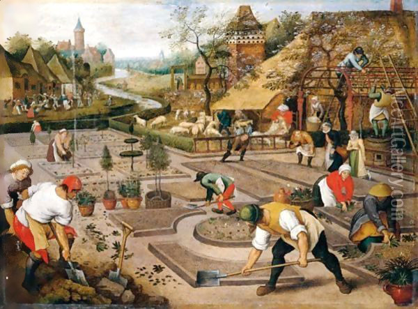 Spring Gardeners Digging And Planting A Formal Garden Oil Painting - Pieter The Younger Brueghel