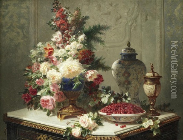 Still Life With Flowers And Raspberries Oil Painting - Jean-Baptiste Robie