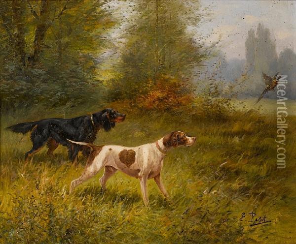 Two Setters Putting Up Game; A Pointer And A Setter Flushing A Pheasant Oil Painting - Eugene Petit