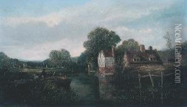 View Of Cottages At Thorpe On The River Yare Near Norwich Oil Painting - John Berney Crome