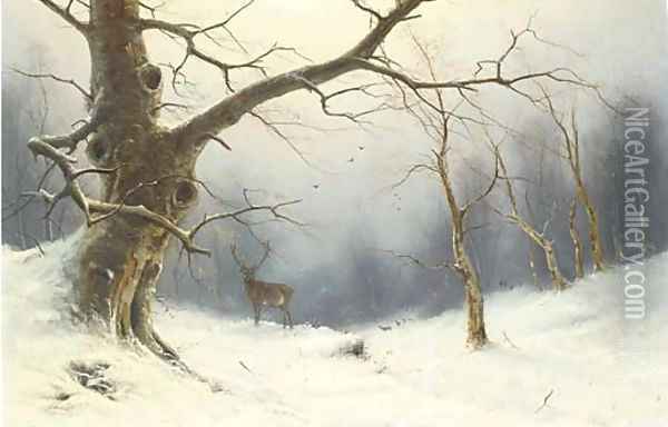 A stag in a winter landscape Oil Painting - Nils Hans Christiansen
