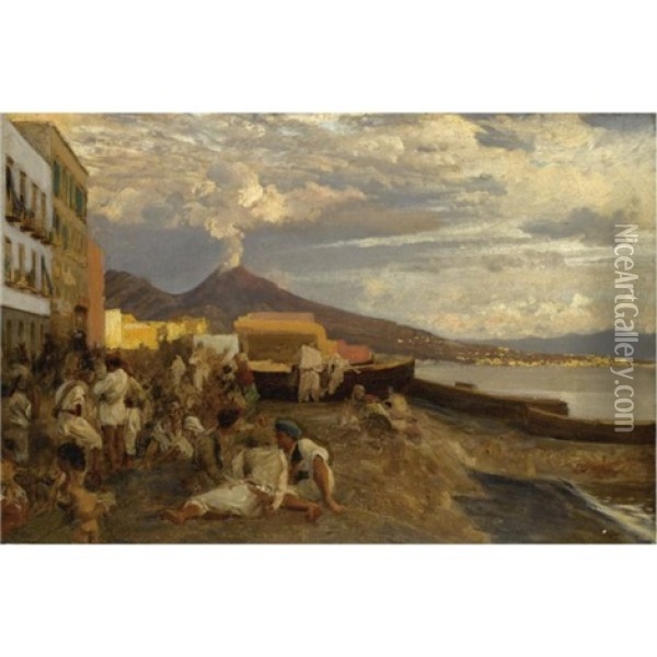 In Der Bucht Von Neapel-the Bay Of Naples, Vesuvius Beyond Oil Painting - Oswald Achenbach
