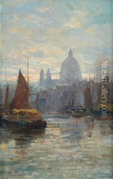 St. Paul's Cathedral, With Shipping On The Thames Oil Painting - Edward Henry Eugene Fletcher