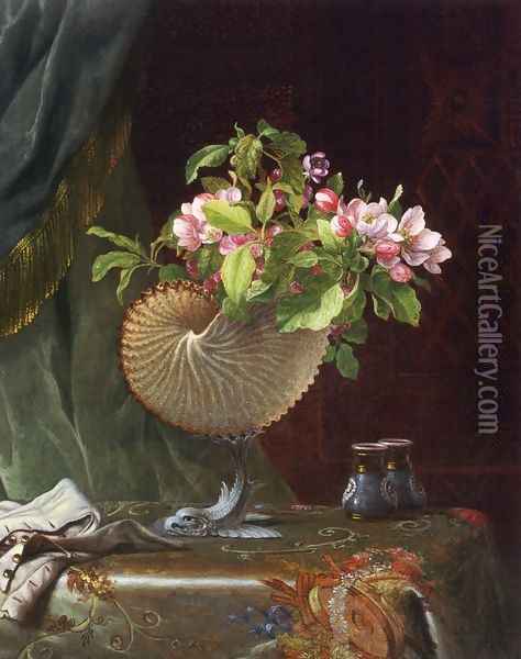 Victorian Still Life With Apple Blossoms Oil Painting - Martin Johnson Heade