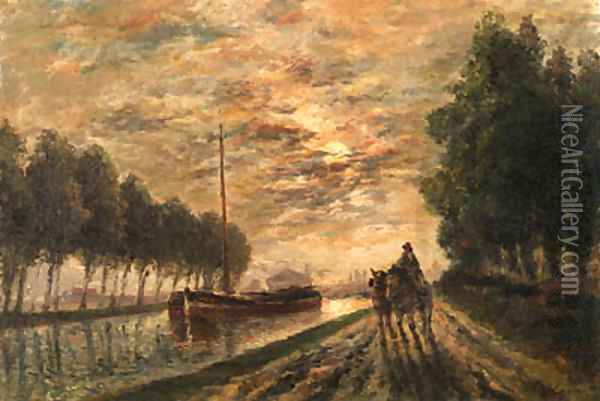 La canal de l'Ourcq, chemin de halage, effet de lune Oil Painting - Stanislas Victor Edouard Lpine