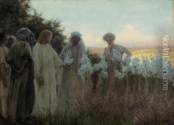 Christ In A Garden Of Lilies Oil Painting - Alfred Edward Emslie