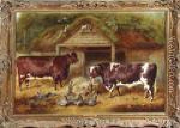 Short Horn Bull And Cow Oil Painting - Gourlay Steell