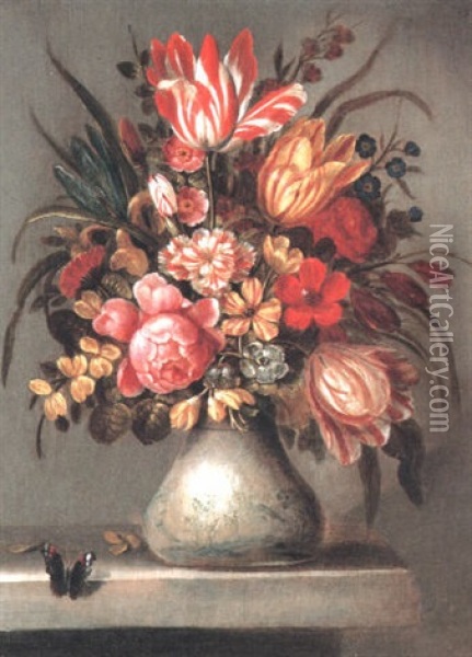 Still Life Of Tulips, Roses And Other Flowers In A Delft Case Oil Painting - Abraham Bosschaert