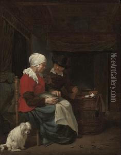 A Couple Seated In An Interior With A Dog Oil Painting - Quiringh Gerritsz. van Brekelenkam