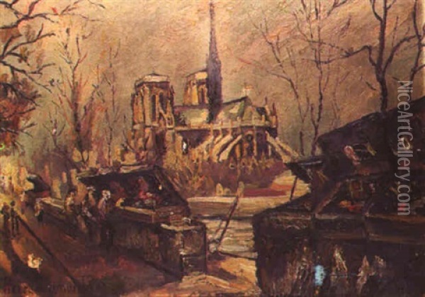 Notre Dame, Les Quais Et Les Bouquinistes Oil Painting - Pierre Dumont