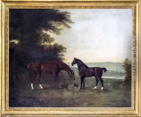 Landscape With Two Horses And Two Dogs Oil Painting - John Boultbee