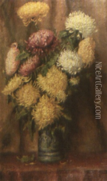 Bouquet De Chrysanthemes Dans Un Vase Oil Painting - Hubert Bellis