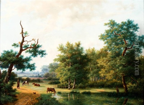 Herder Met Koeien In Boomrijk Landschap Oil Painting - Marinus Adrianus Koekkoek