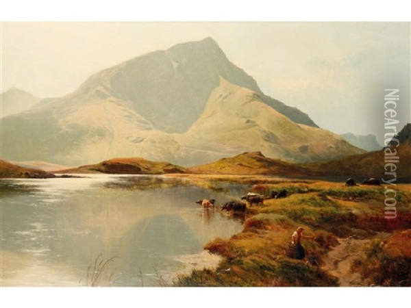 Cattle Watering At A Lake With Figures In The Foreground And A Mountain Beyond Oil Painting - Sidney Richard Percy