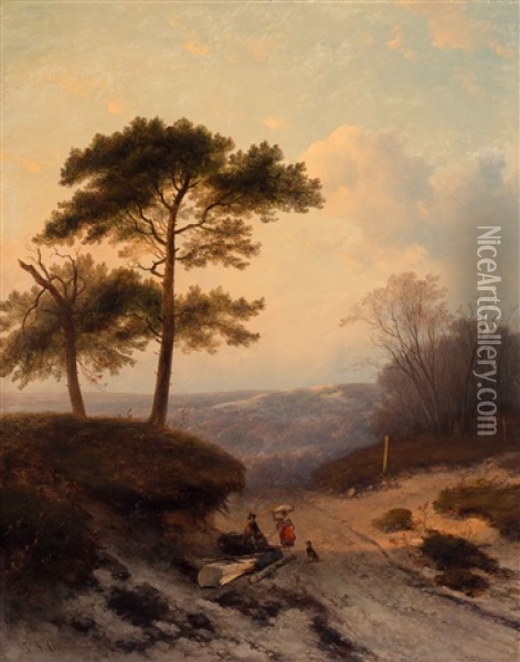 Dune Road With Figures Oil Painting - Johannes Franciscus Hoppenbrouwers