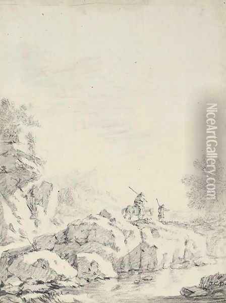 Travellers in a rocky river landscape Oil Painting - Johann Christoph Dietzsch
