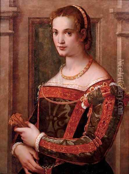 Portrait of a lady, half-length, in a green silk dress with gold trim, holding a glove Oil Painting - Michele di Ridolfo del Ghirlandaio (see Tosini)