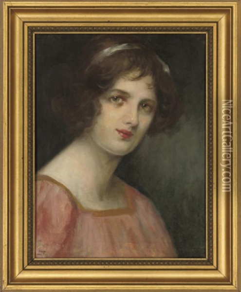 Portrait Of A Girl In A Pink Dress Oil Painting - Dolf van Roy