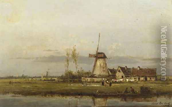 Washerwomen at work by a windmill Oil Painting - Cesar De Cock