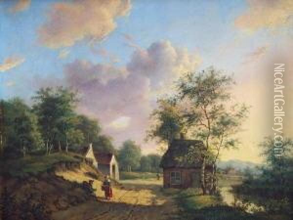 Weite Landschaft Mit Kleinem Haus Und Am Weg Ruhenden Passanten Oil Painting - Marianus Adrianus Koekkoek