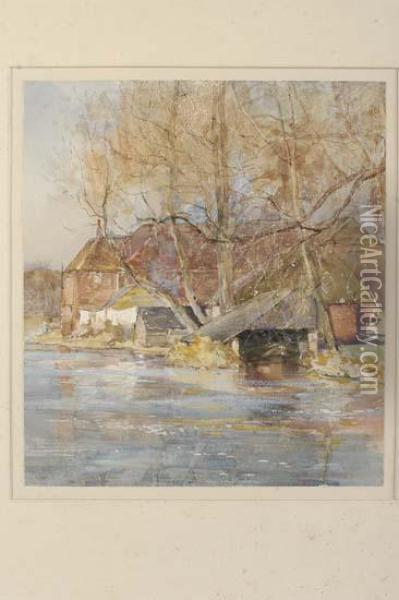 A Riverside Mill House Oil Painting - Claude Hayes