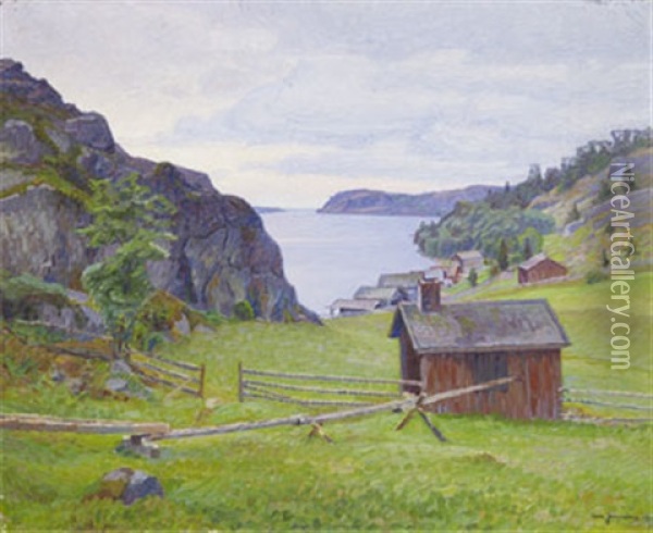 Norrlandskt Kustmotiv Med Stugor Oil Painting - Carl (August) Johansson