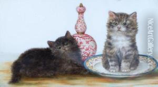 Two Kittens With A Plate And Ginger Jar Oil Painting - Bessie, Betsie Bamber