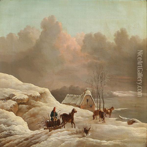 Winter Landscape With A Man Driving Wood On A Carriage Oil Painting - Frederik Michael E. Fabritius De Tengnagel