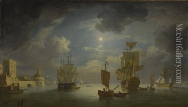 Moonlit Scene With An Indiaman And Other Merchant Shipping Off A Fortified Town Oil Painting - Peter Monamy