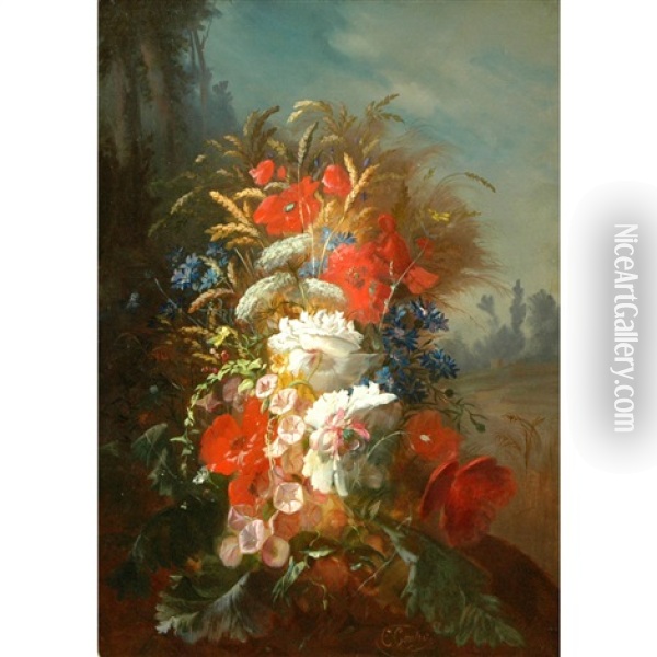 Still Life Of Flowers In A Landscape Oil Painting - Clement Gontier