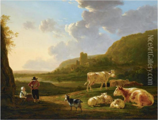 A Southern River Landscape With 
Shepherds Resting With Their Herd, A View Of A Ruin Beyond Oil Painting - Jacob Van Stry