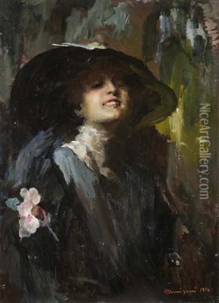 Donna Col Cappello Oil Painting - Giuseppe Amisani