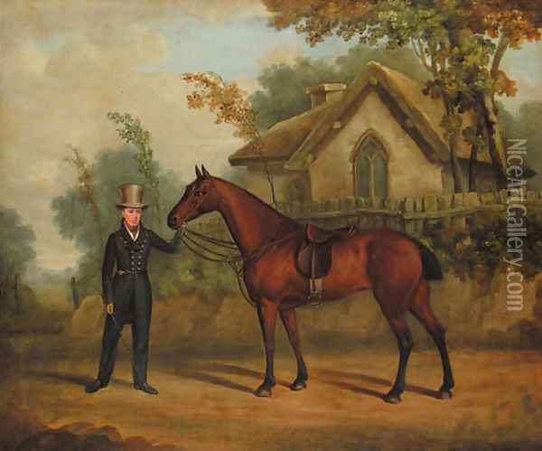 A gentleman holding a saddled bay hunter on a track, by a cottage Oil Painting - English School