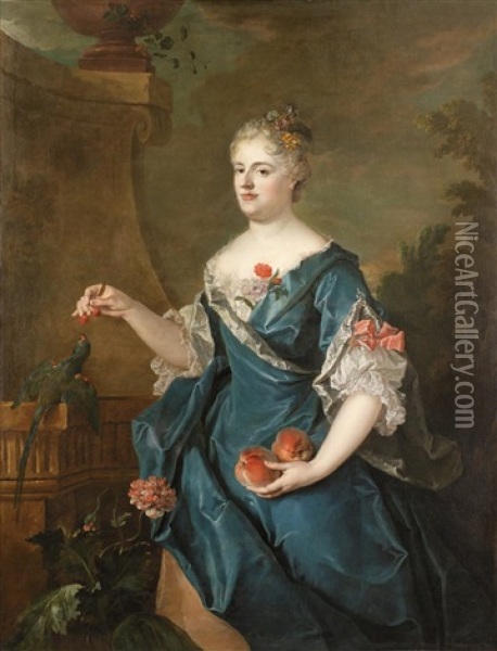 Portrait De Dame A La Robe De Satin Bleu Donnant Des Cerises A Un Perroquet Dans Un Paysage Architecturee Oil Painting - Jean-Baptiste Oudry
