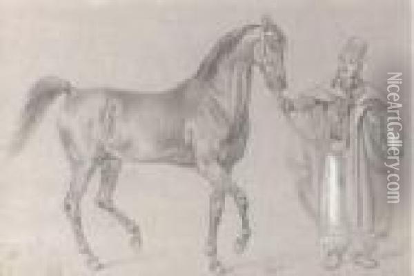Study Of The Horse, Zahe Ghydran, With Handler Oil Painting - Josef Anton, Tony Strassgschwandtner