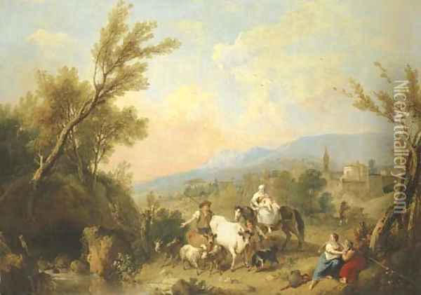 A landscape with peasants and animals by a river with a fortified town on a ridge beyond Oil Painting - Francesco Zuccarelli