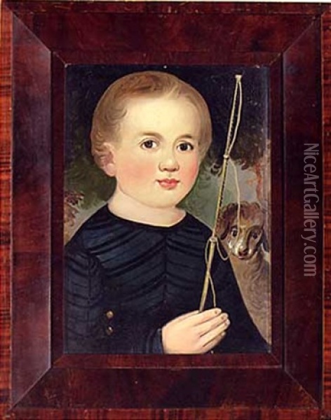 Portrait Of A Boy In A Dark Blue Outfit, With Whip And Dog Oil Painting - William Matthew Prior