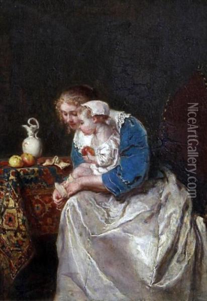 Mother And Child Seated By A Table Oil Painting - Antoine Emile Plassan