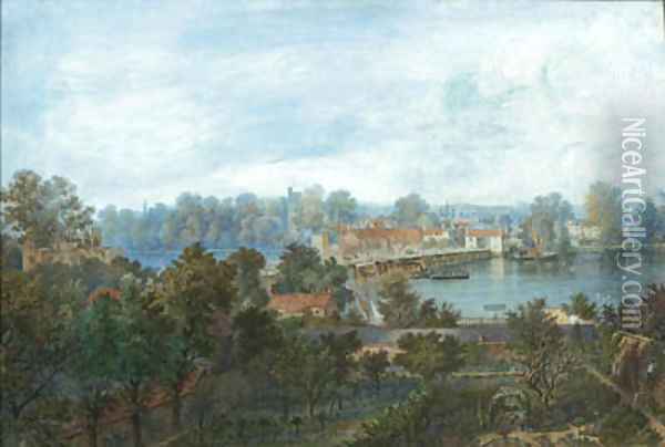 Old Putney Bridge looking towards Fulham, showing the Gothic Villa, Brewhouse Lane Oil Painting - English School