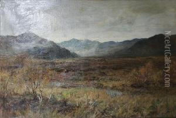 'rising Mists Dunsinane Moss', Figures In Awooded Lowland Landscape Oil Painting - Frederick Stuart Richardson