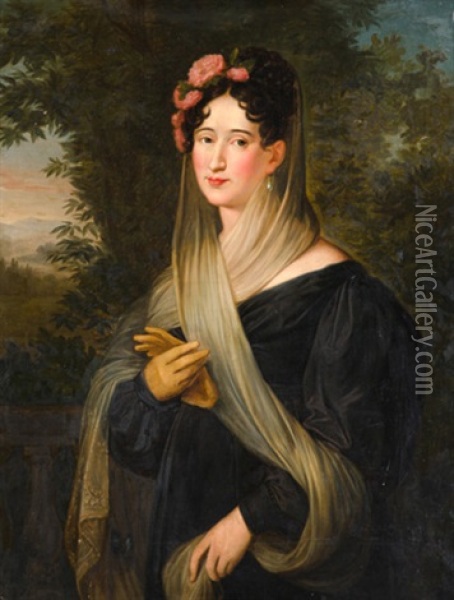 Retrato De Dona Josefa Tudo, Condesa De Castillo Fiel, De Medio Cuerpo En Un Parque Oil Painting - Jose de Madrazo