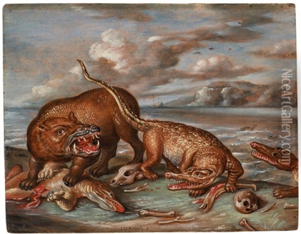 Battle Between Crocodiles And A Hippo Oil Painting - Jan van Kessel the Elder