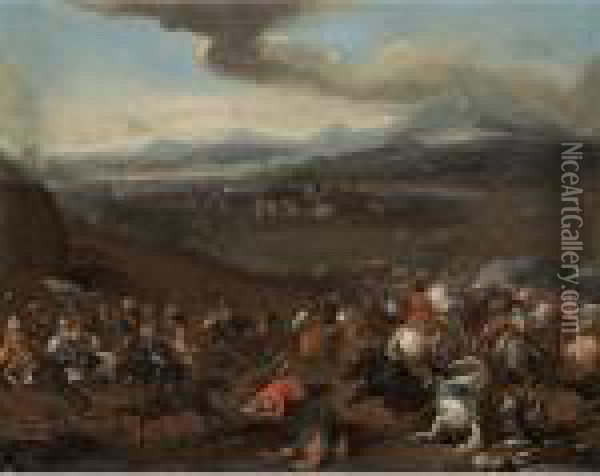 A Cavalry Skirmish On The Hills Above A Walled Town Oil Painting - Jacques Courtois Le Bourguignon