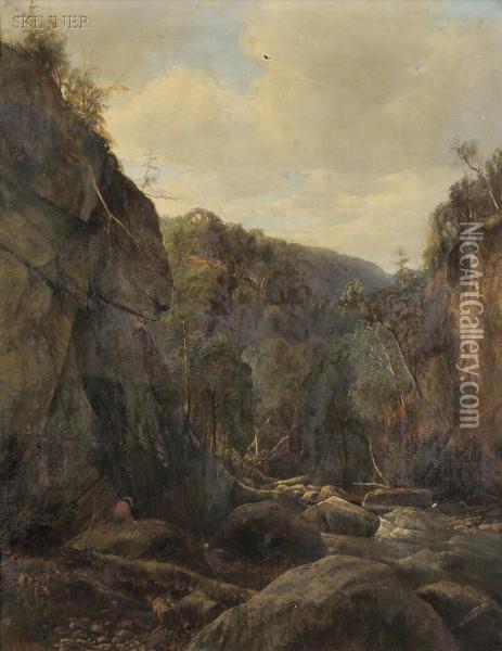View Of A Fisherman In A River Gorge Oil Painting - Joseph Antonio Hekking