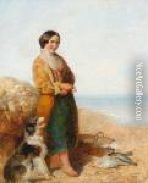 Young Fisherwoman With Dog On Beach Oil Painting - John Wainwright