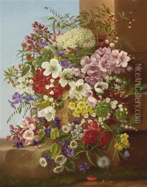 A Bounty Of Flowers On A Stone Ledge Oil Painting - Adelheid Dietrich