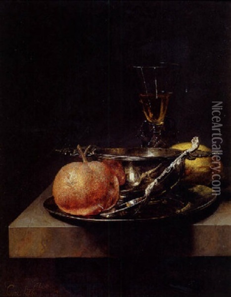 A Still Life Of A Silver Brandy Cup, A Silver Spoon And An Orange On A Pewter Plate, A Wineglass And A Lemon On A Table Oil Painting - Cornelis Kick