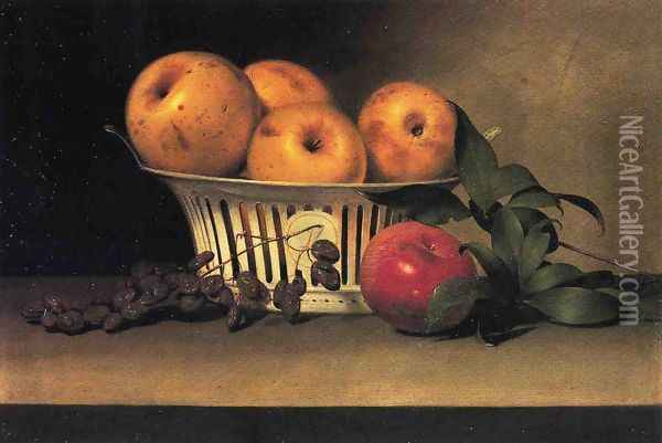 Still Life with Raisins, Yellow and Red Apples in Porcelain Basket Oil Painting - Raphaelle Peale